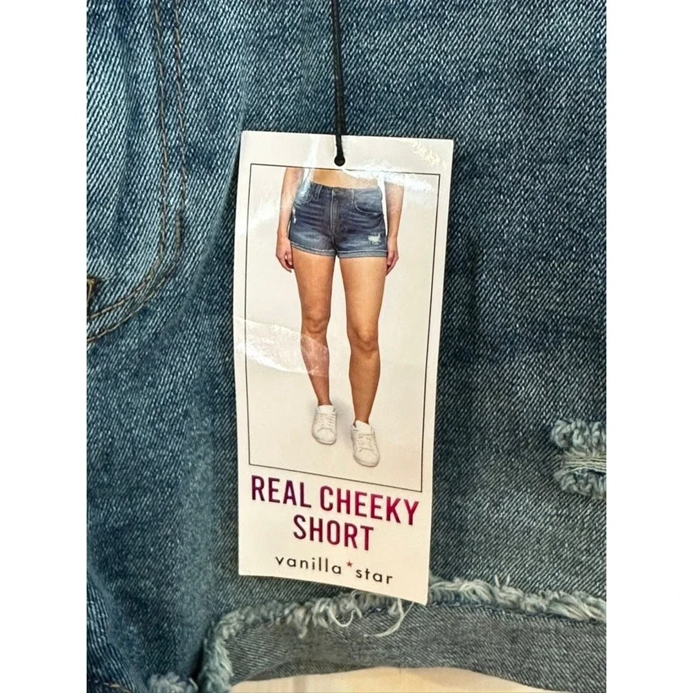 Vanilla Star Womens Cheeky Shorts 9 Blue High Rise Distressed Denim Festival‎